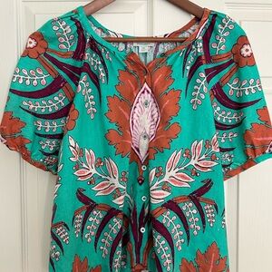 Sundance Short Sleeve Linen Blouse in Teal and Purple